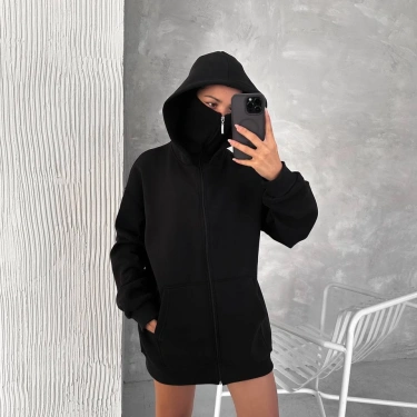 Maskeli Basic Şardonlu Unisex Hırka-Siyah