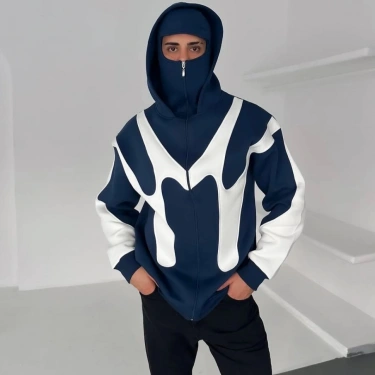 Parçalı Maskeli Şardonlu Unisex Hırka-Lacivert