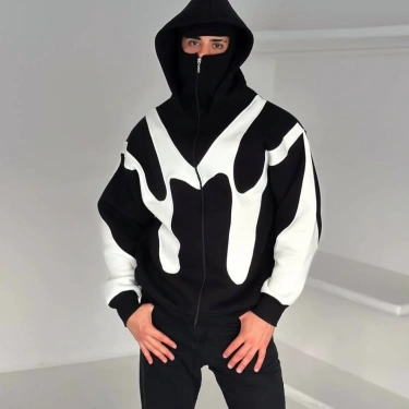 Parçalı Maskeli Şardonlu Unisex Hırka-Siyah