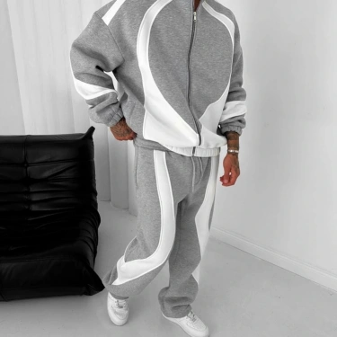 Parçalı Şardonlu Unisex Eşofman Takımı-Gri