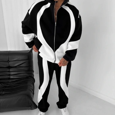 Parçalı Şardonlu Unisex Eşofman Takımı-Siyah