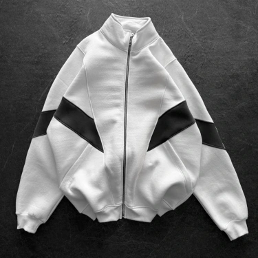 Parçalı Şardonlu Unisex Hırka-Beyaz