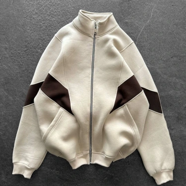 Parçalı Şardonlu Unisex Hırka-Krem