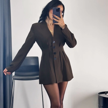 Premium Kalite Düğmeli Ceket-Kahverengi