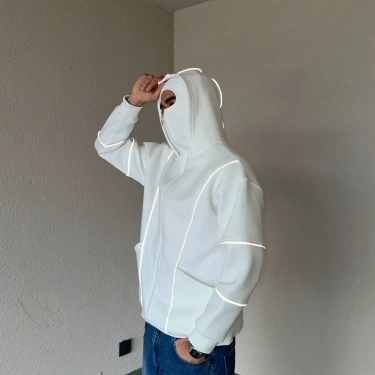 Reflektör Detaylı Maskeli Hoodie-Beyaz