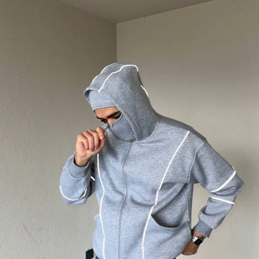 Reflektör Detaylı Maskeli Hoodie-Gri