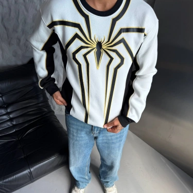 Spider Ön Baskı Unisex Sweatshirt - Beyaz