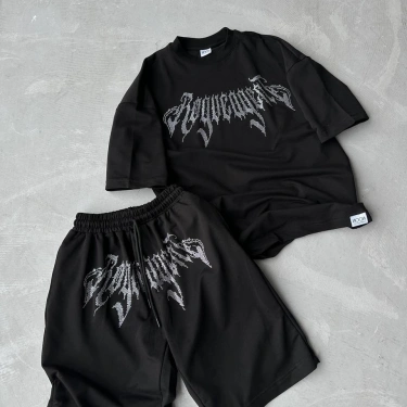 Noon Taşlı Unisex Şortlu Takım - Siyah