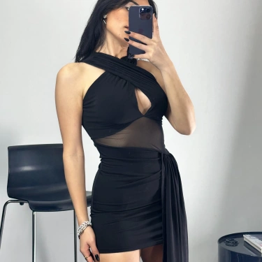 Tül Detay Mini Elbise