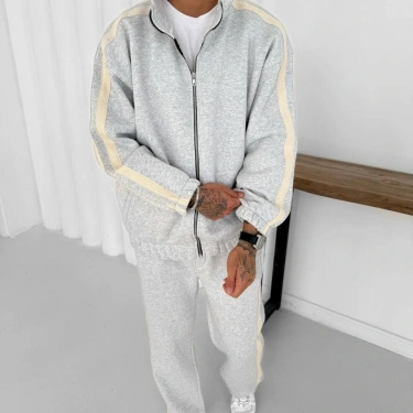 Yan Şeritll Şardonlu Unisex Eşofman Takımı-Gri
