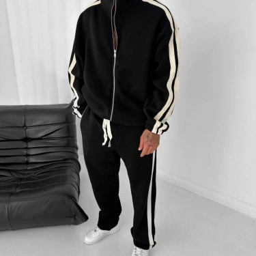 Yan Şeritll Şardonlu Unisex Eşofman Takımı-Siyah