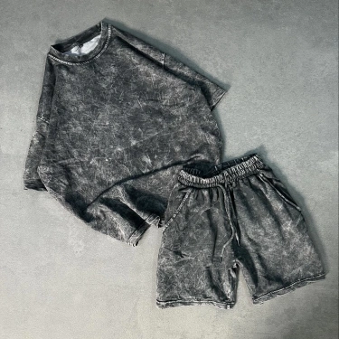 Yıkamalı Unisex Şortlu Takım-Gri