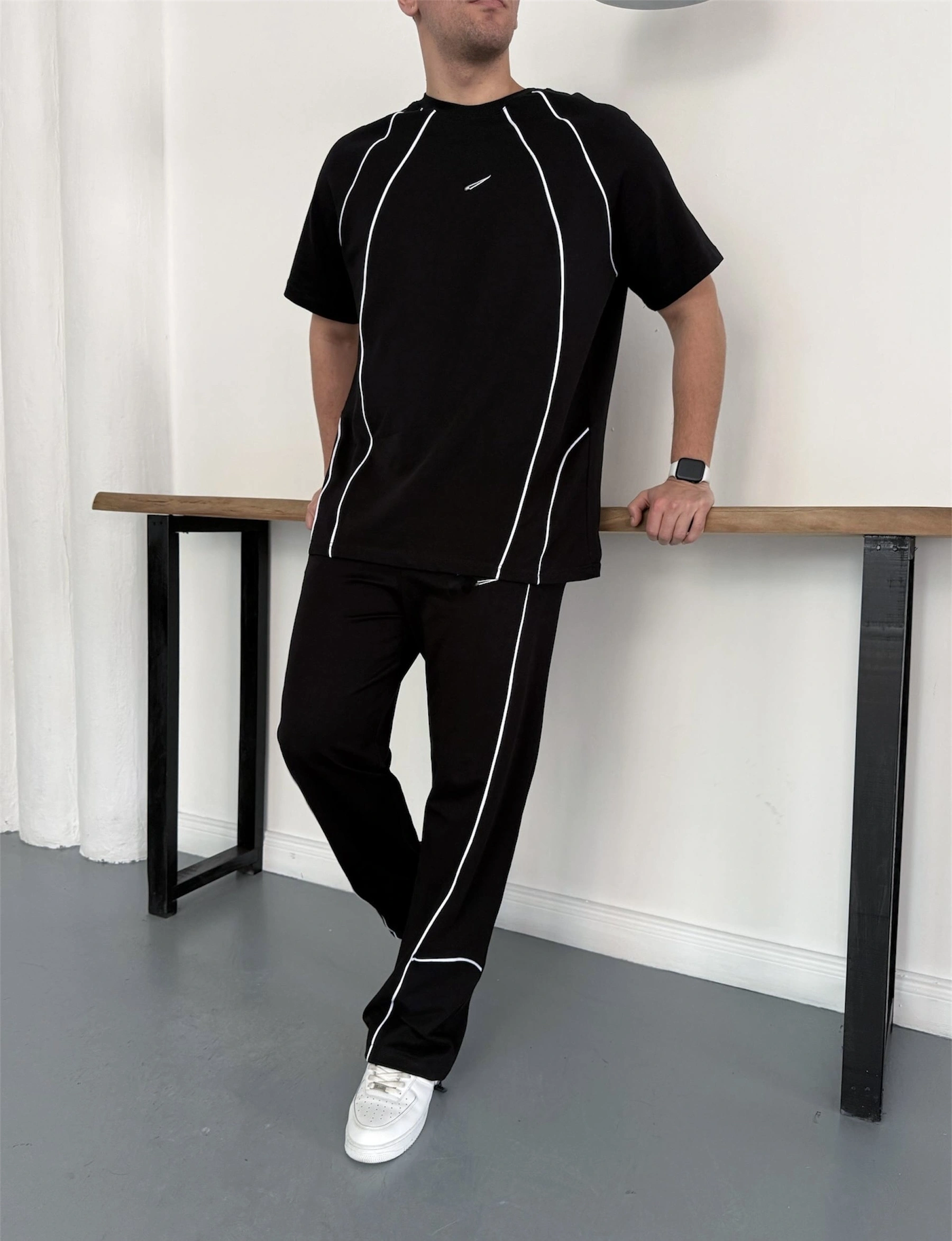 NK Logolu Biyeli Unisex Eşofman Takımı -Siyah