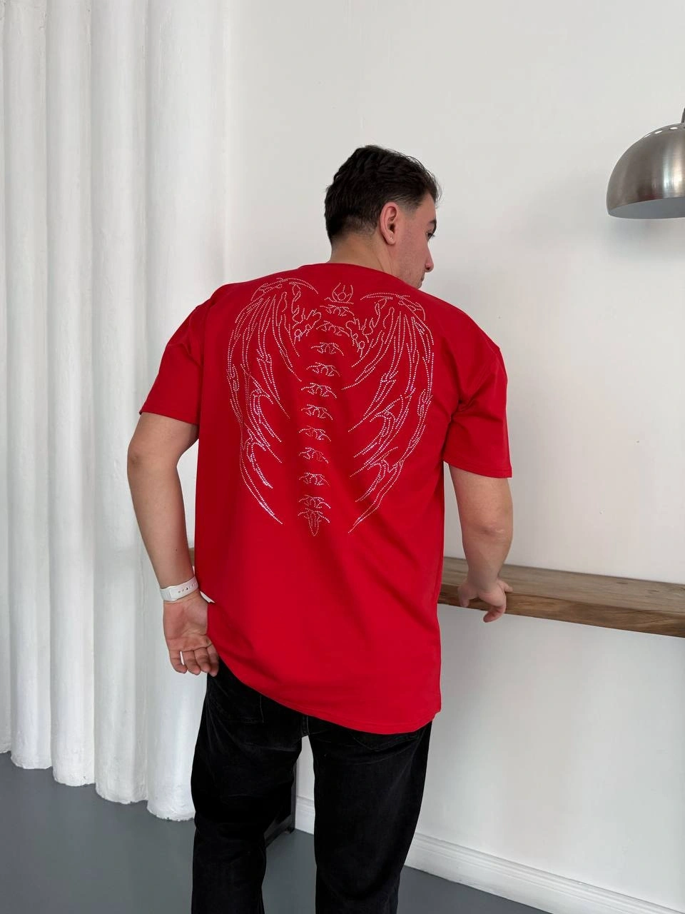 Desenli Taşlı Unisex Tshirt-Kırmızı