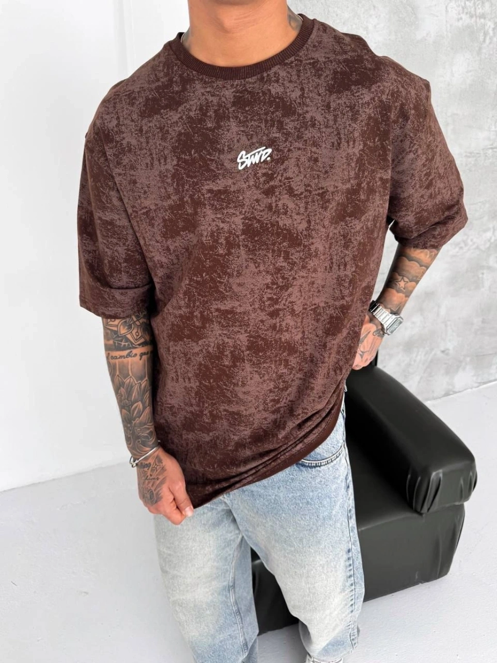 SW Yıkamalı Oversize Unisex Tişört-Kahverengi