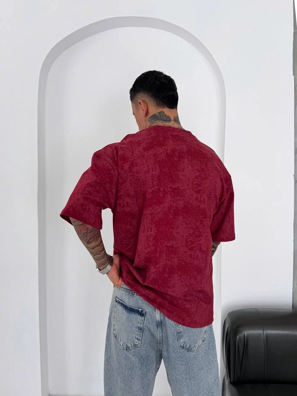 SW Yıkamalı Oversize Unisex Tişört-Bordo