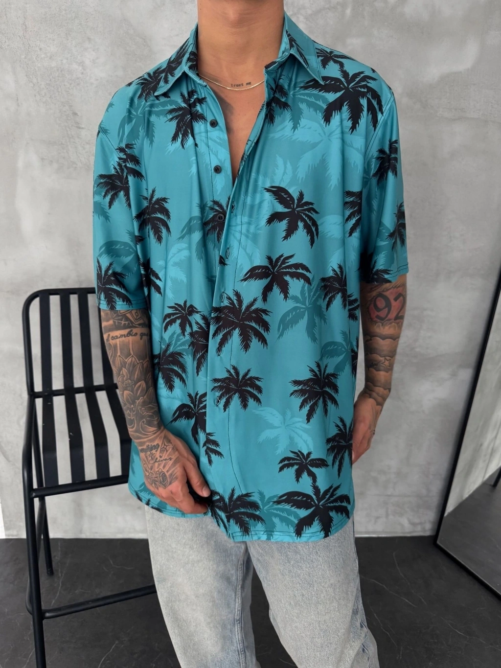 Palmiye Desenli Gömlek-Mavi