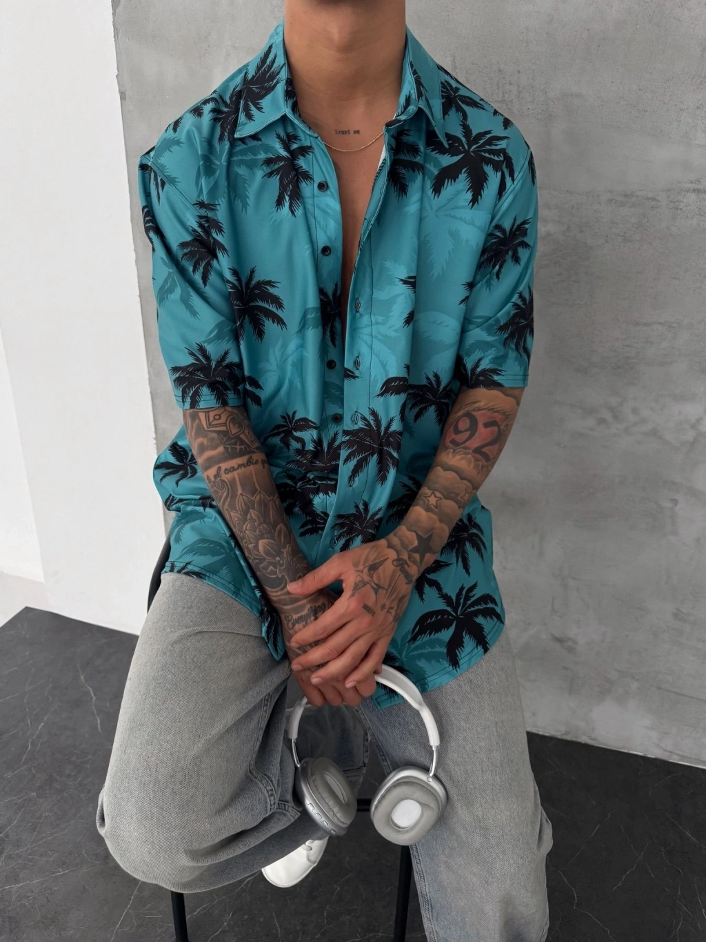 Palmiye Desenli Gömlek-Mavi