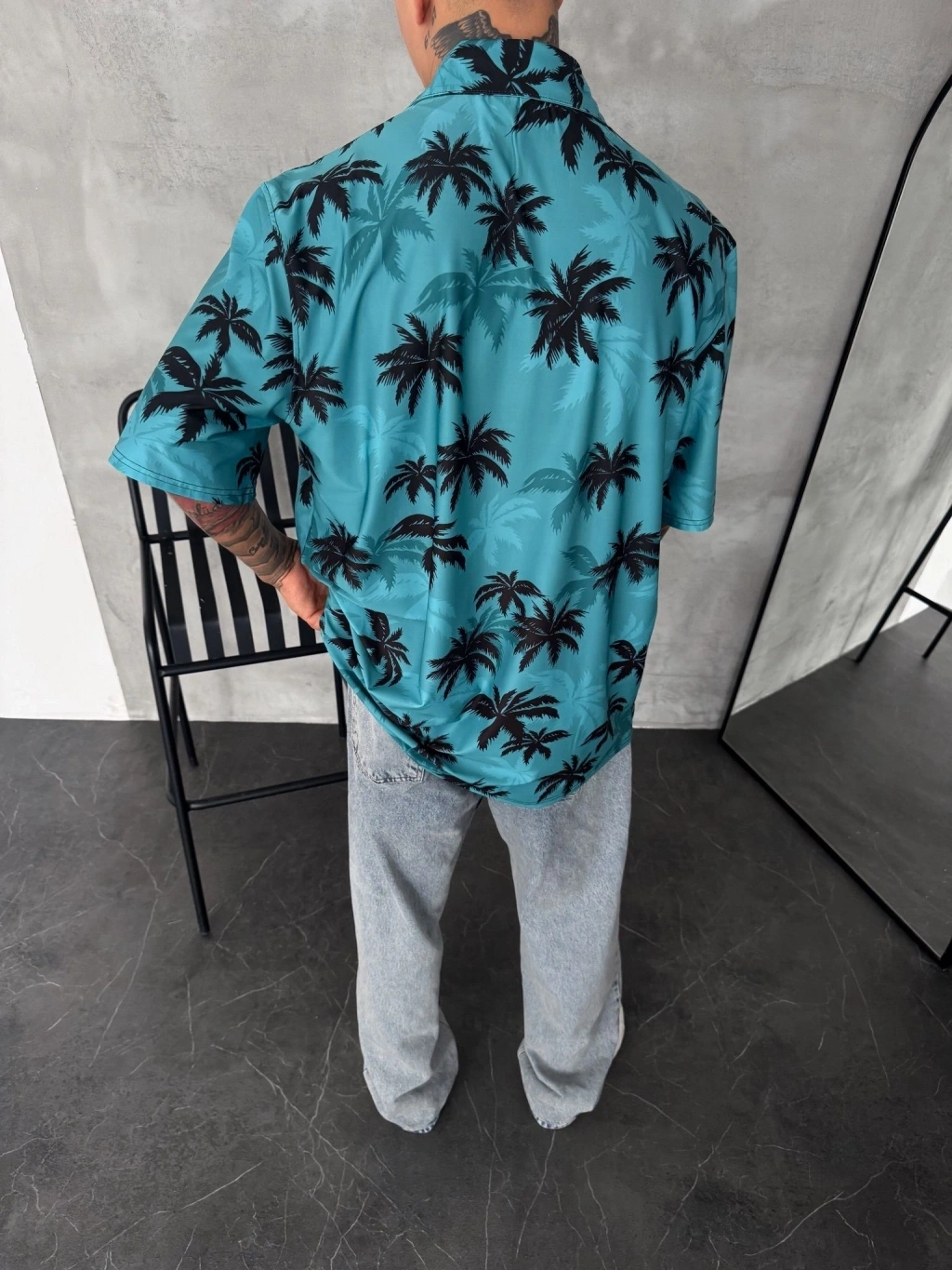 Palmiye Desenli Gömlek-Mavi