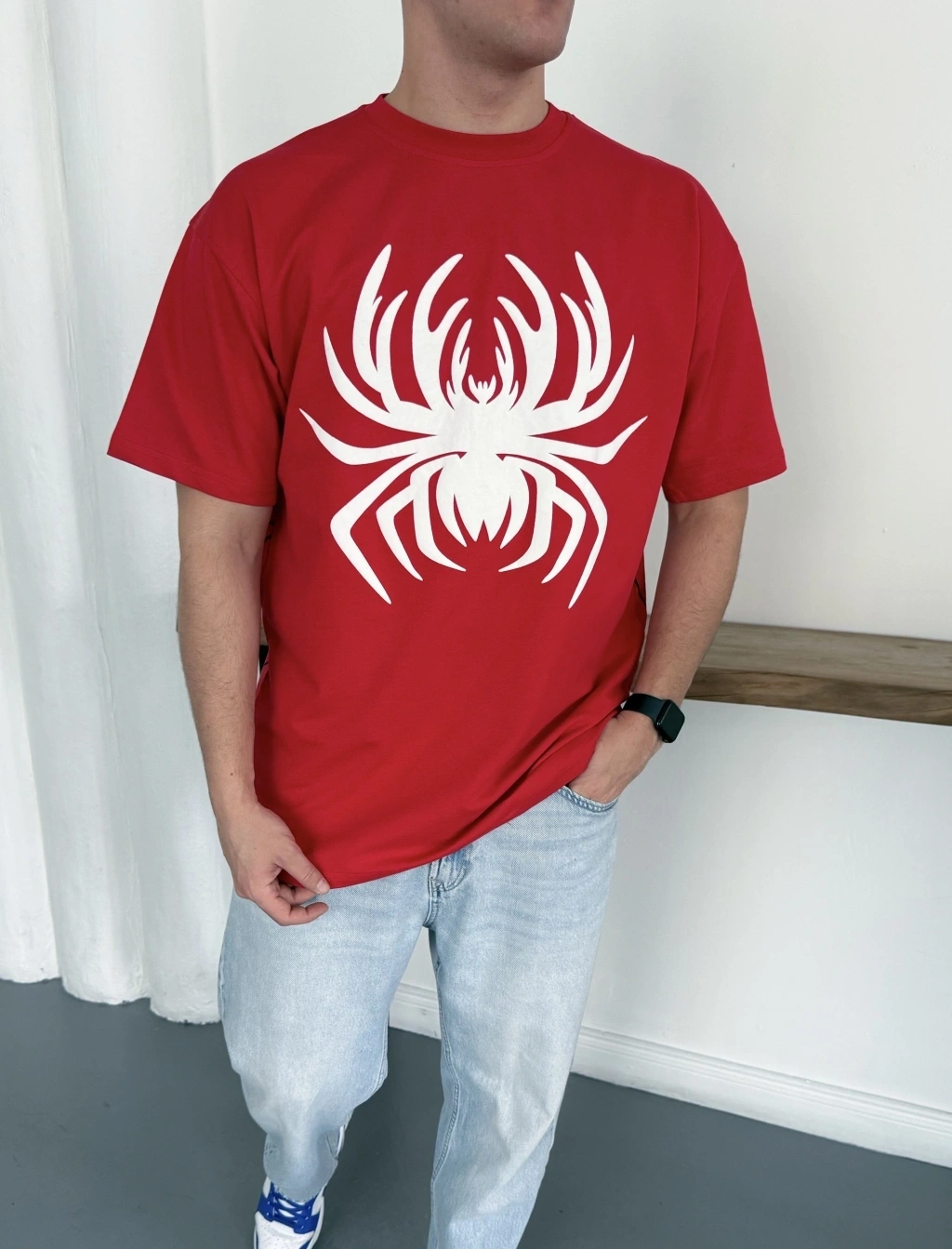 Spider Oversize Unisex Tişört -Kırmızı