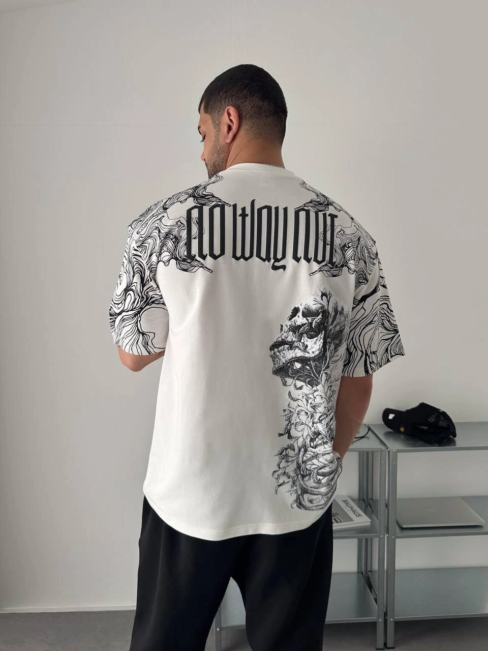 Skull Oversize Unisex Tişört - Beyaz