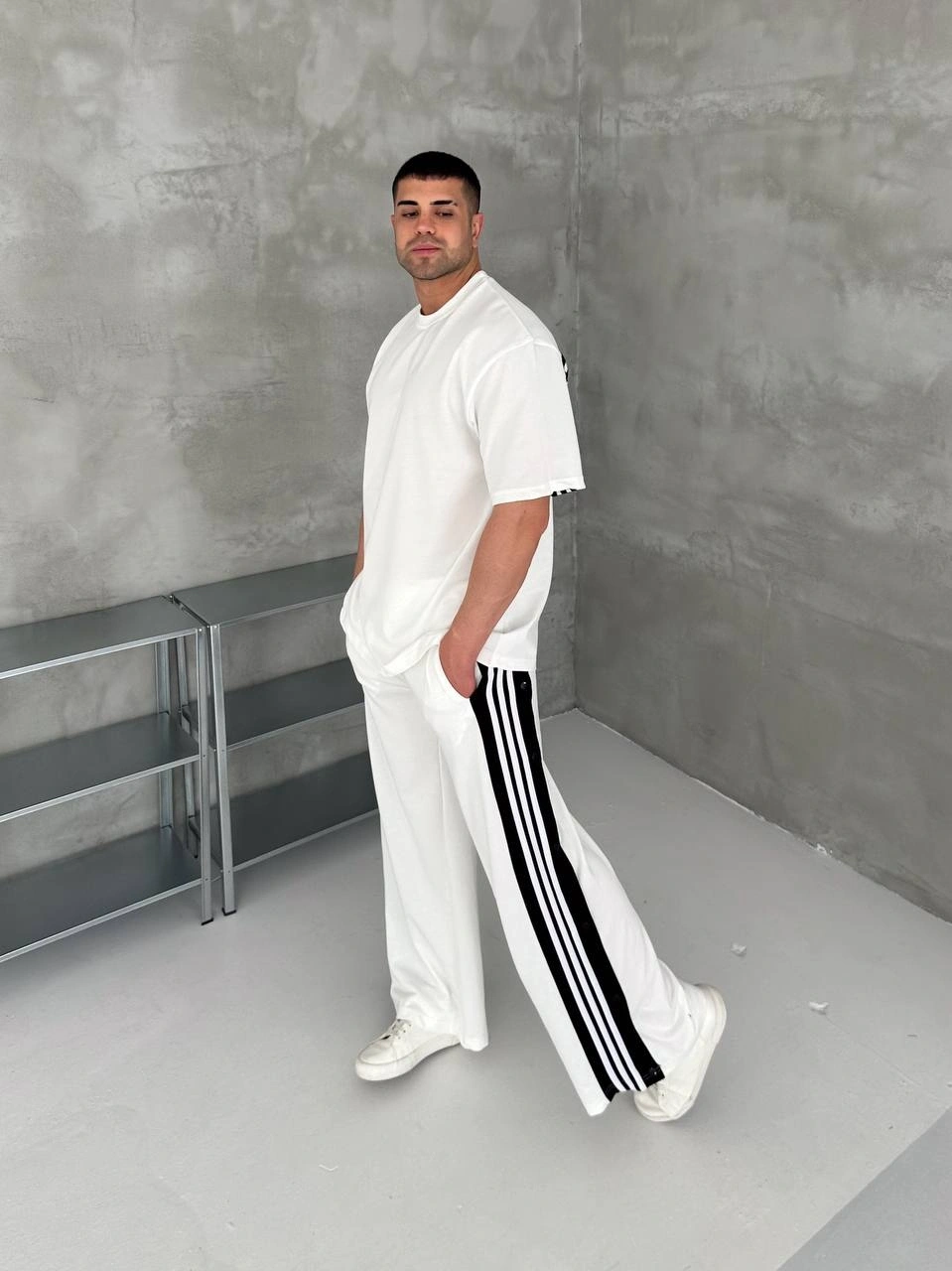 Çıtçıtlı Unisex Oversize Eşofman Takımı-Beyaz