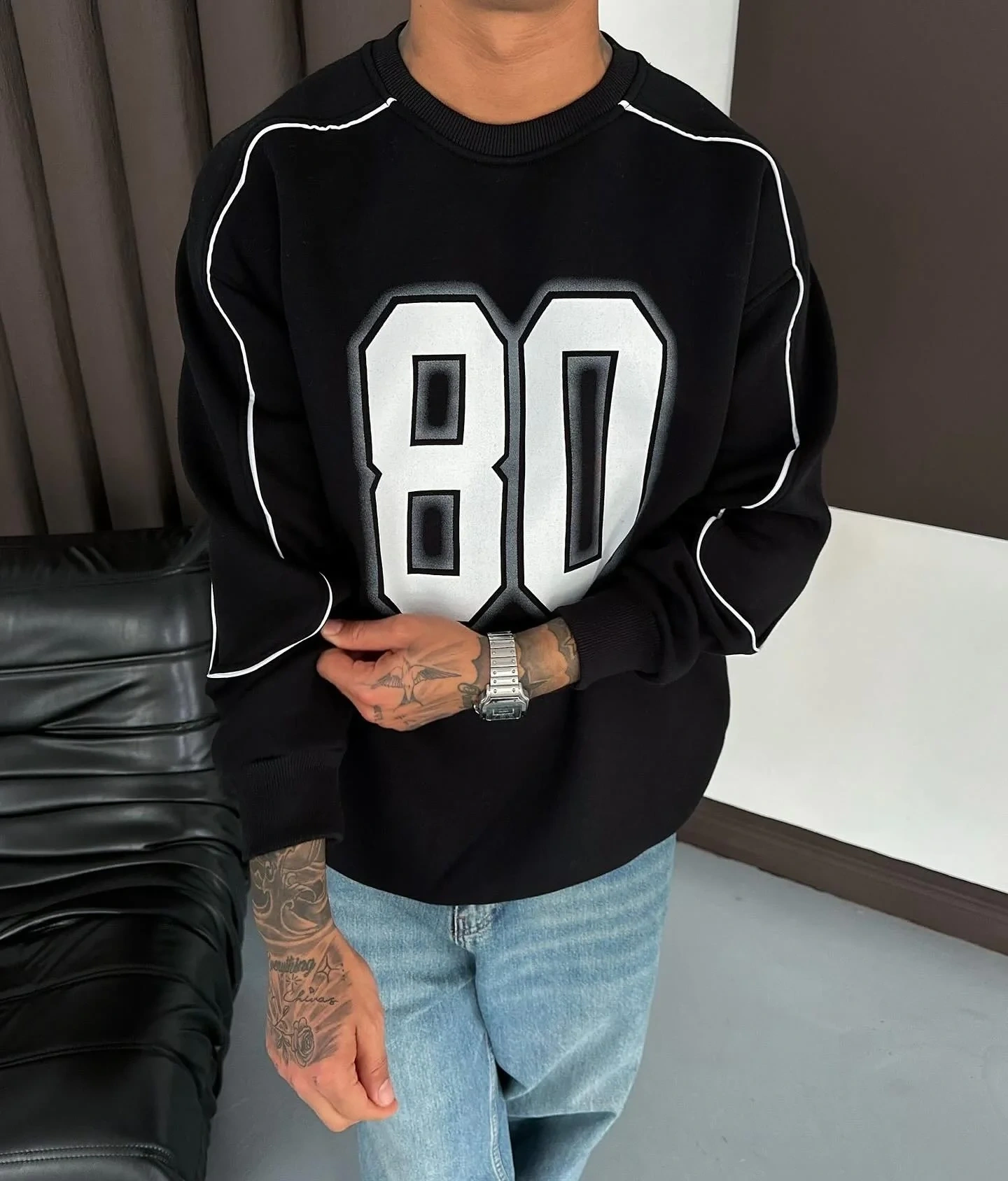 80 Şardonlu Unisex Sweatshirt-Siyah