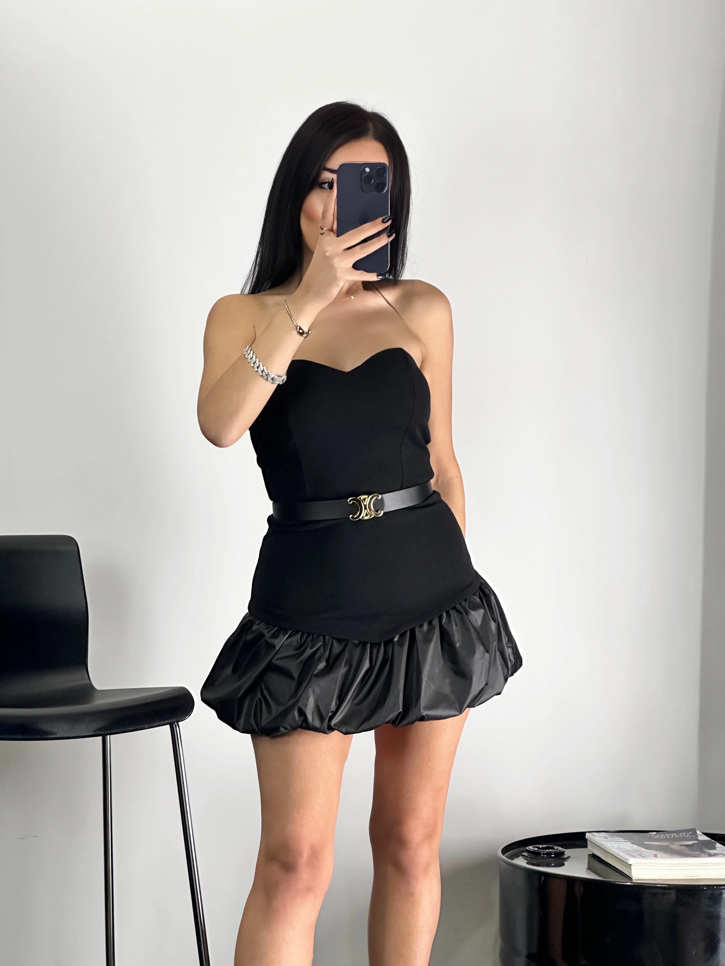 Balon Etek Kemerli Mini Elbise