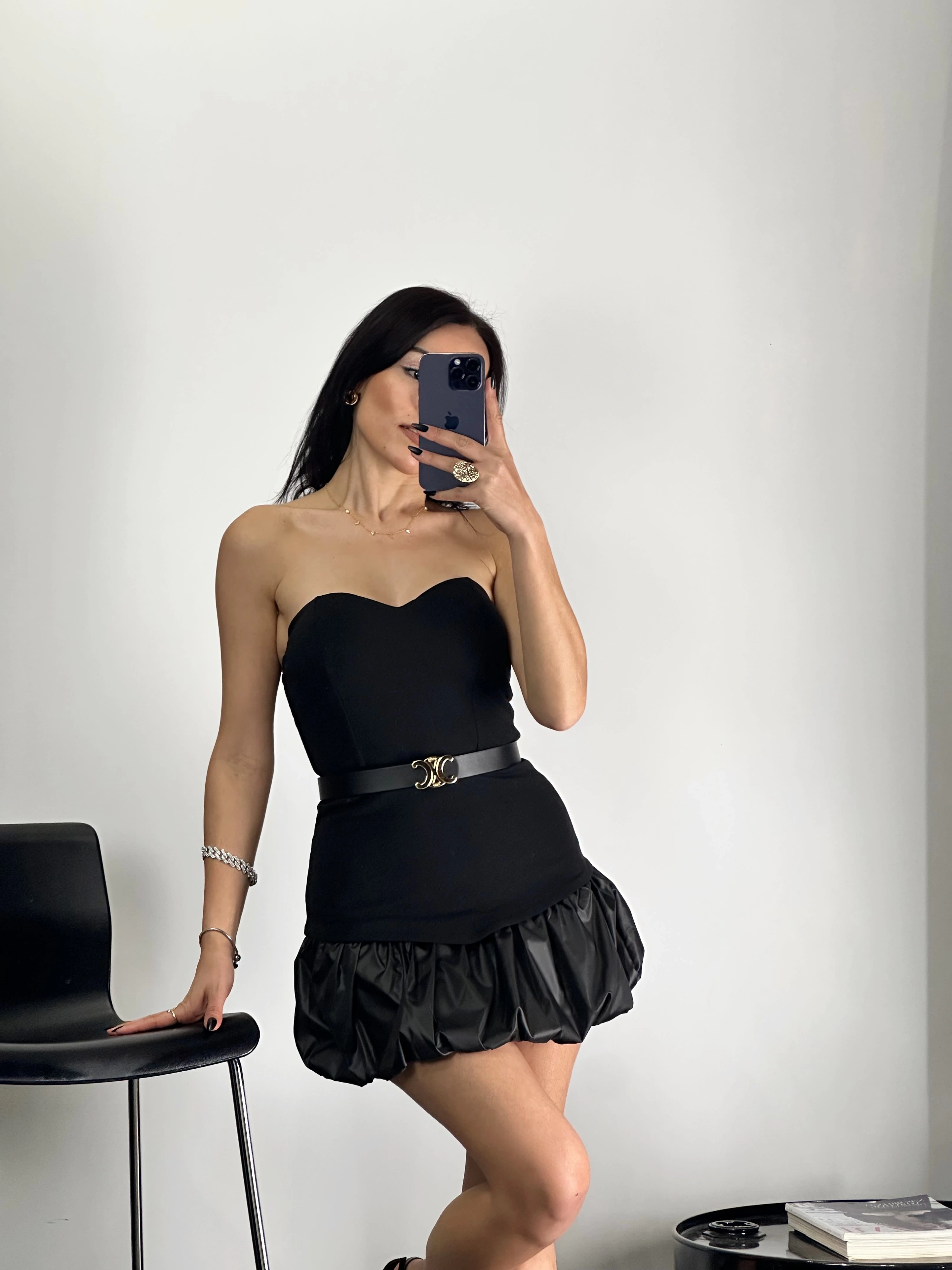 Balon Etek Kemerli Mini Elbise