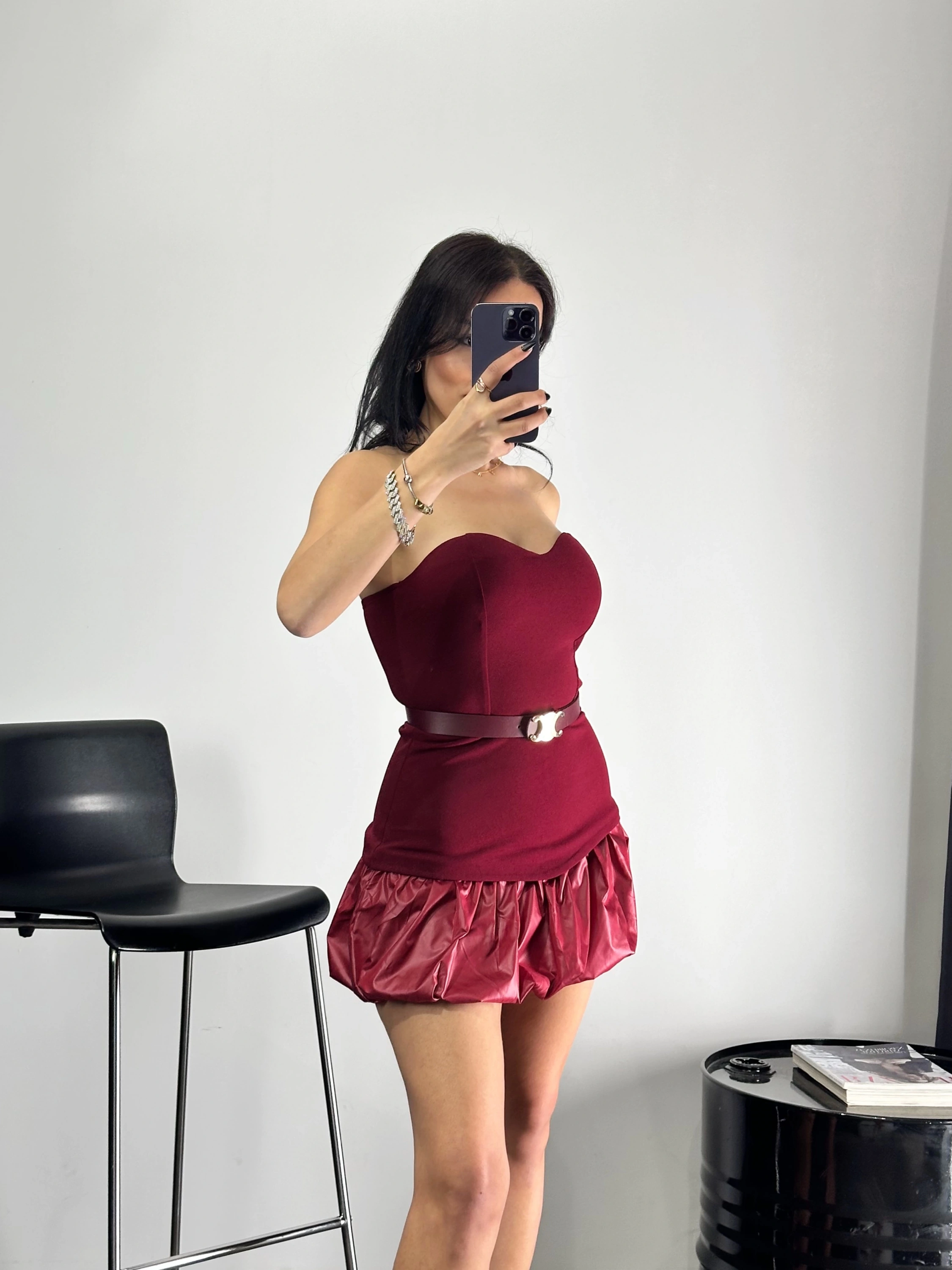 Balon Etek Kemerli Mini Elbise