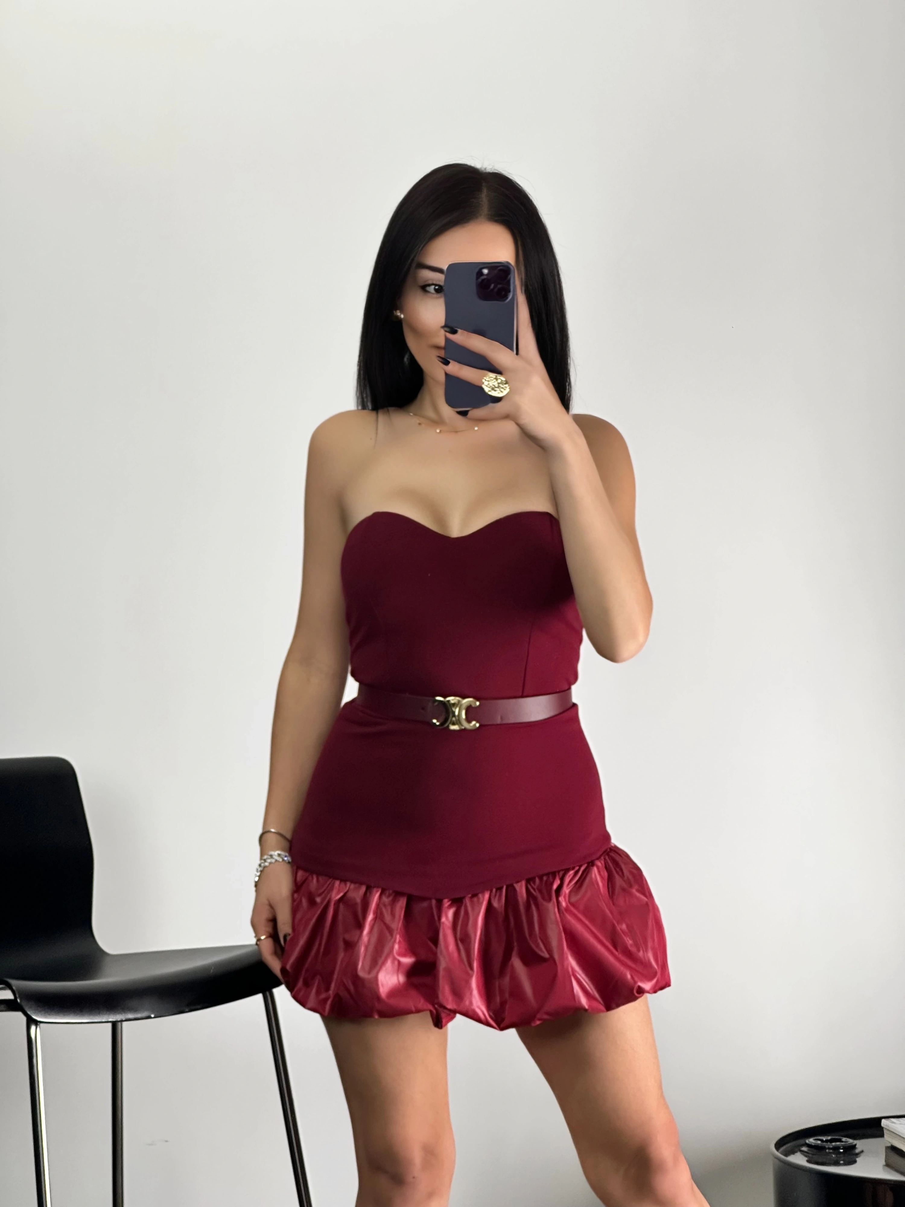 Balon Etek Kemerli Mini Elbise