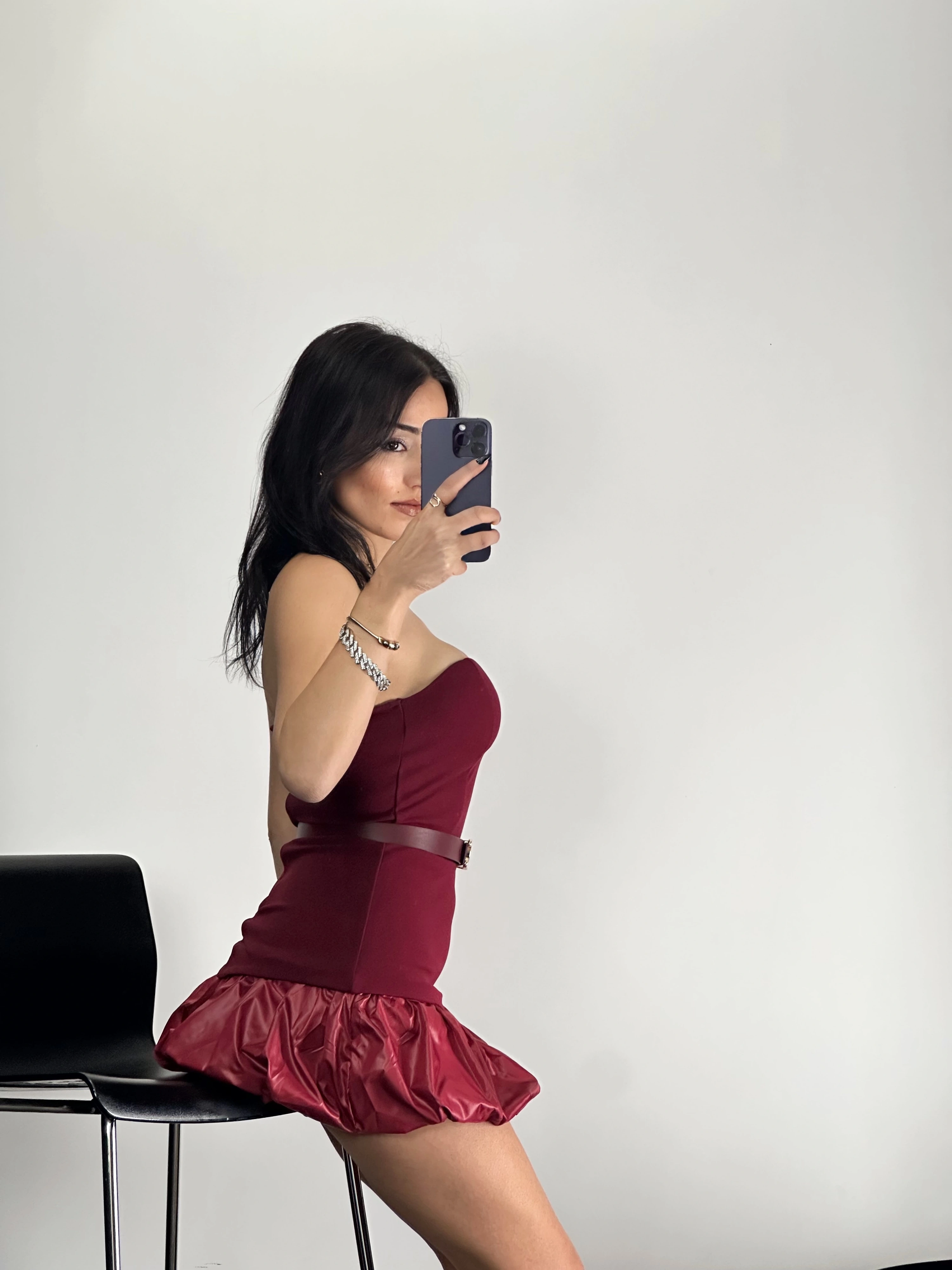 Balon Etek Kemerli Mini Elbise