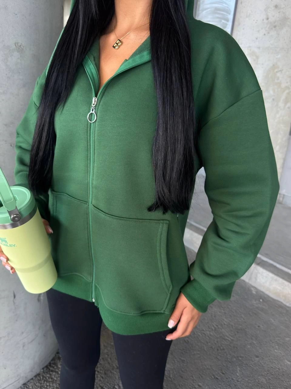 Basic Kapüşonlu Unisex Hırka-Yeşil