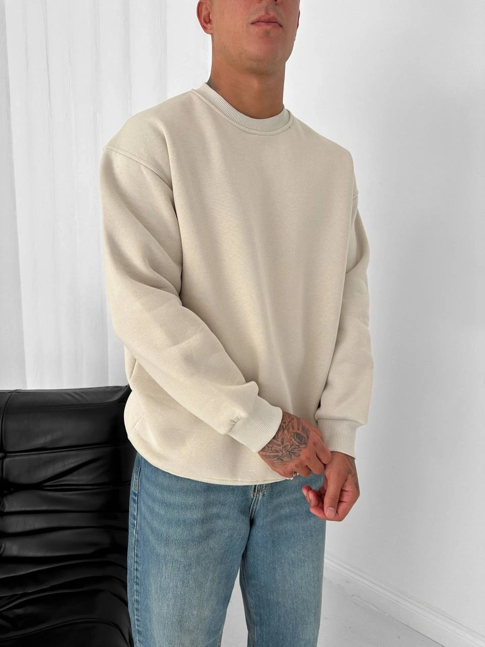 Basic Şardonlu Unisex Sweatshirt-Krem