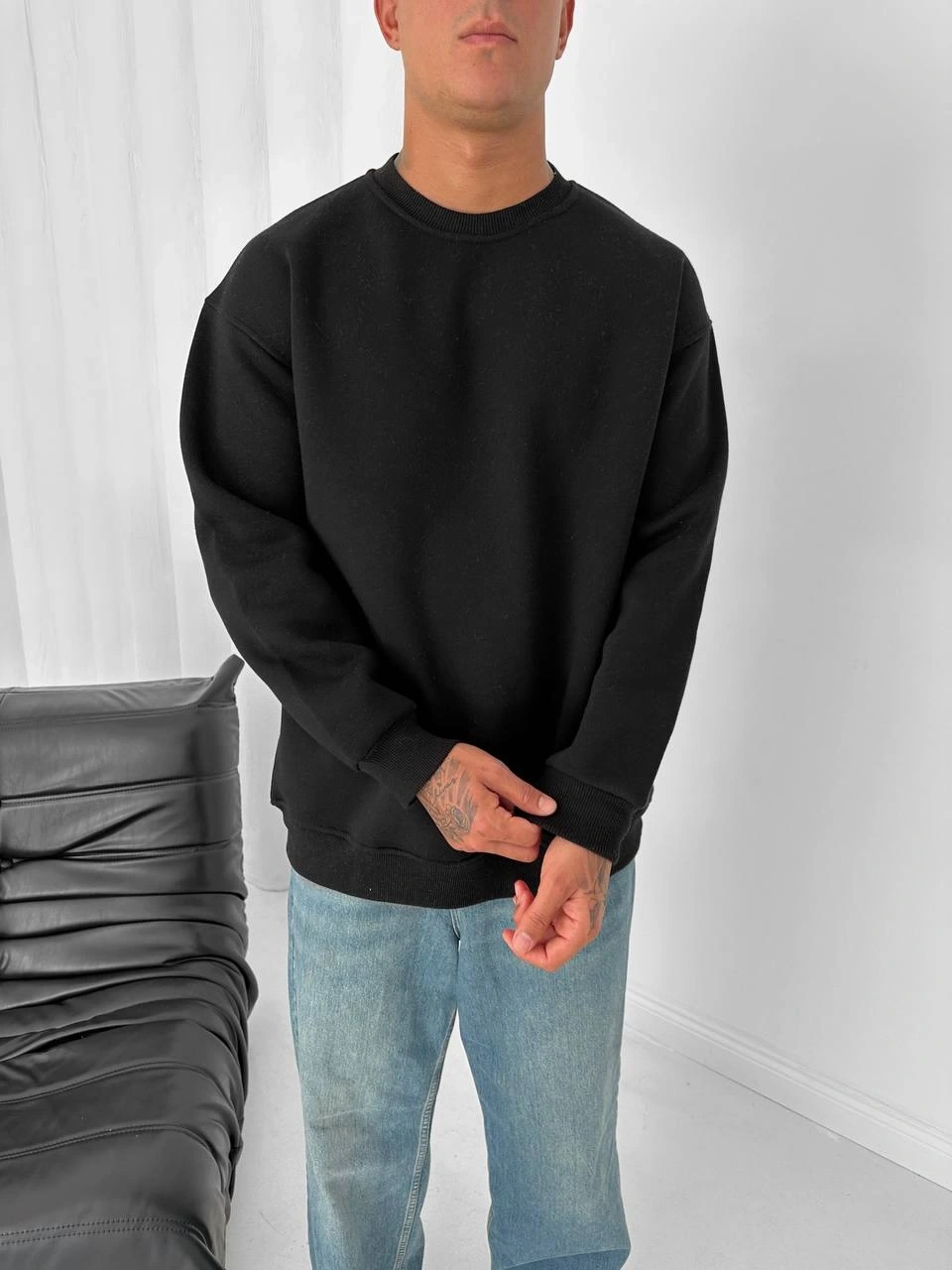 Basic Şardonlu Unisex Sweatshirt-Siyah