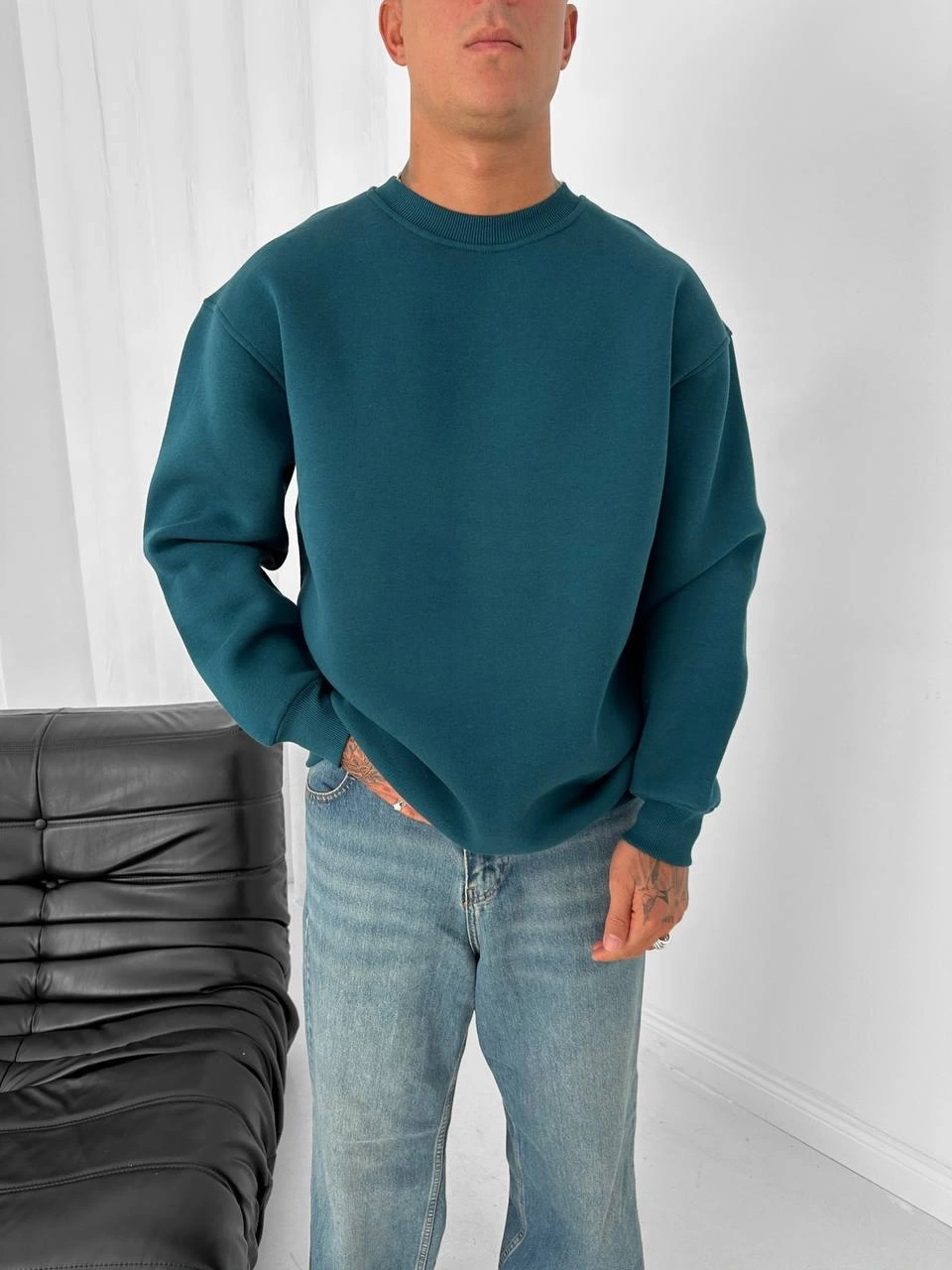 Basic Şardonlu Unisex Sweatshirt-Yeşil