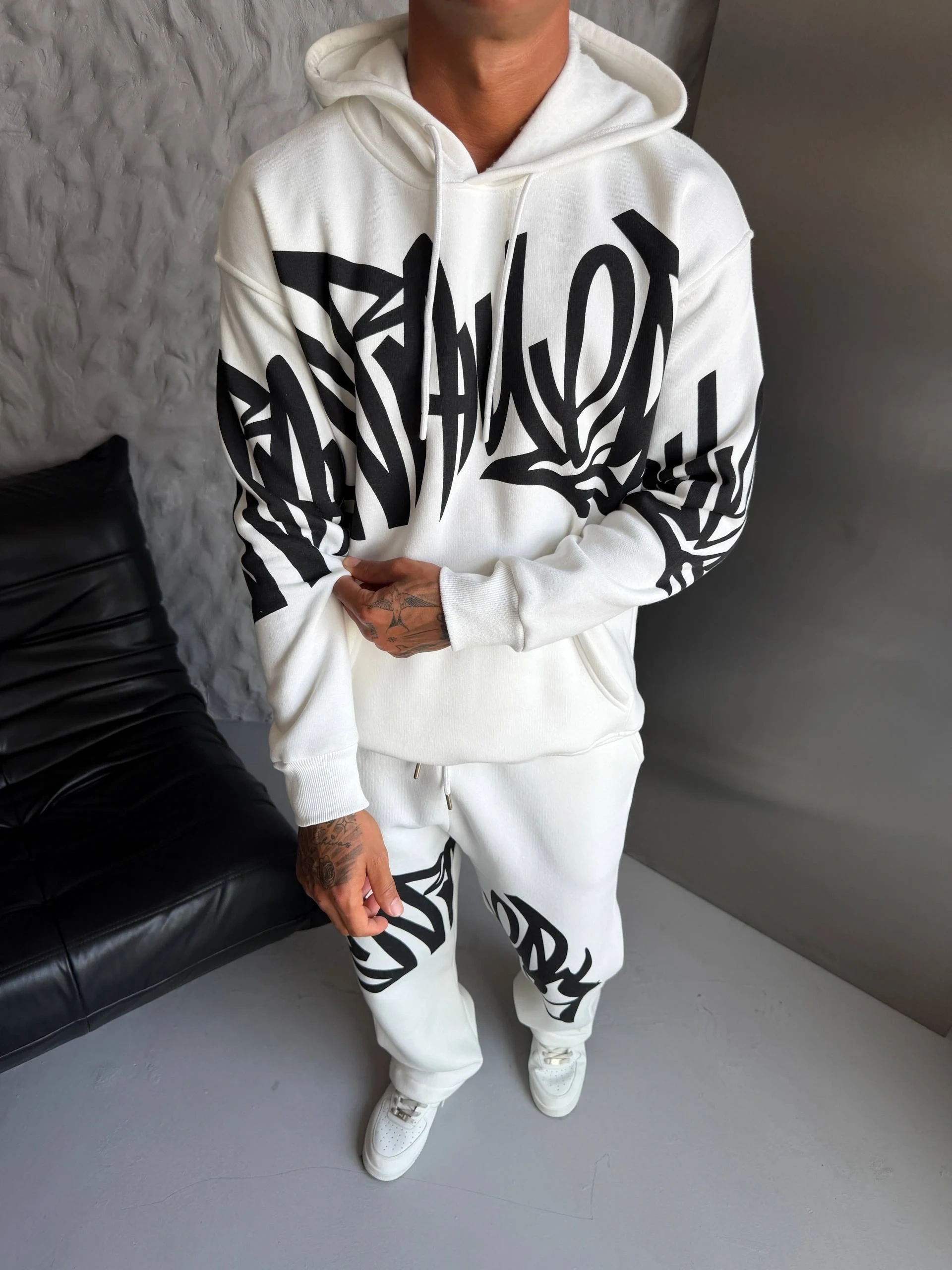 Baskılı Şardonlu Unisex Eşofman Takımı-Beyaz