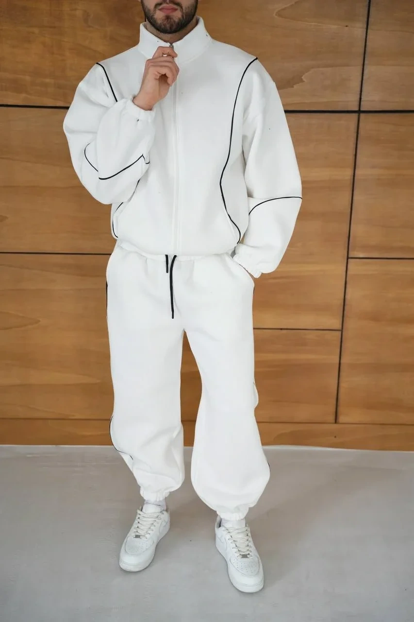 Biyeli Paça Lastik Şardonlu Eşofman Takımı-Beyaz