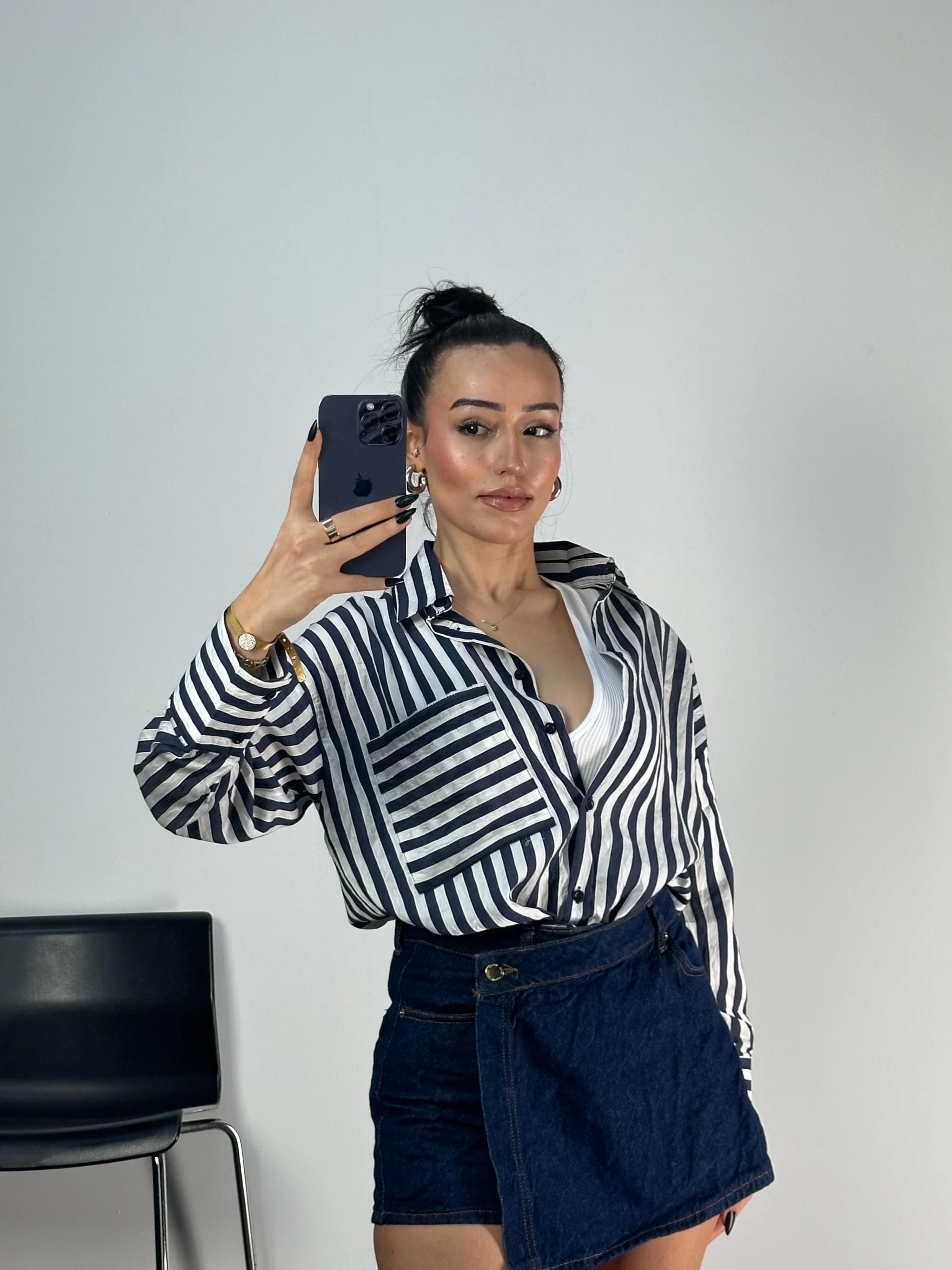 Çizgili Cepli Oversize Gömlek