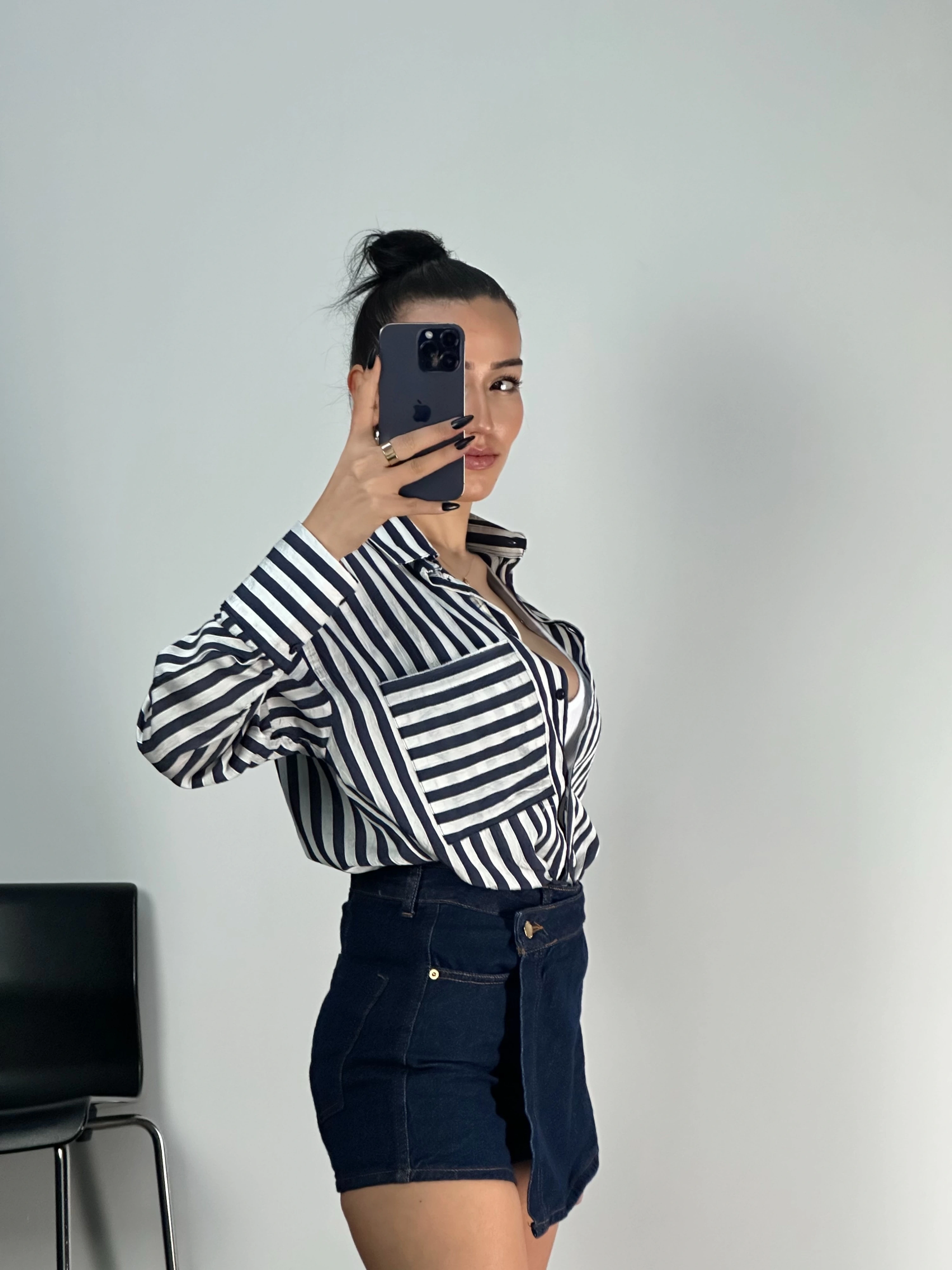 Çizgili Cepli Oversize Gömlek