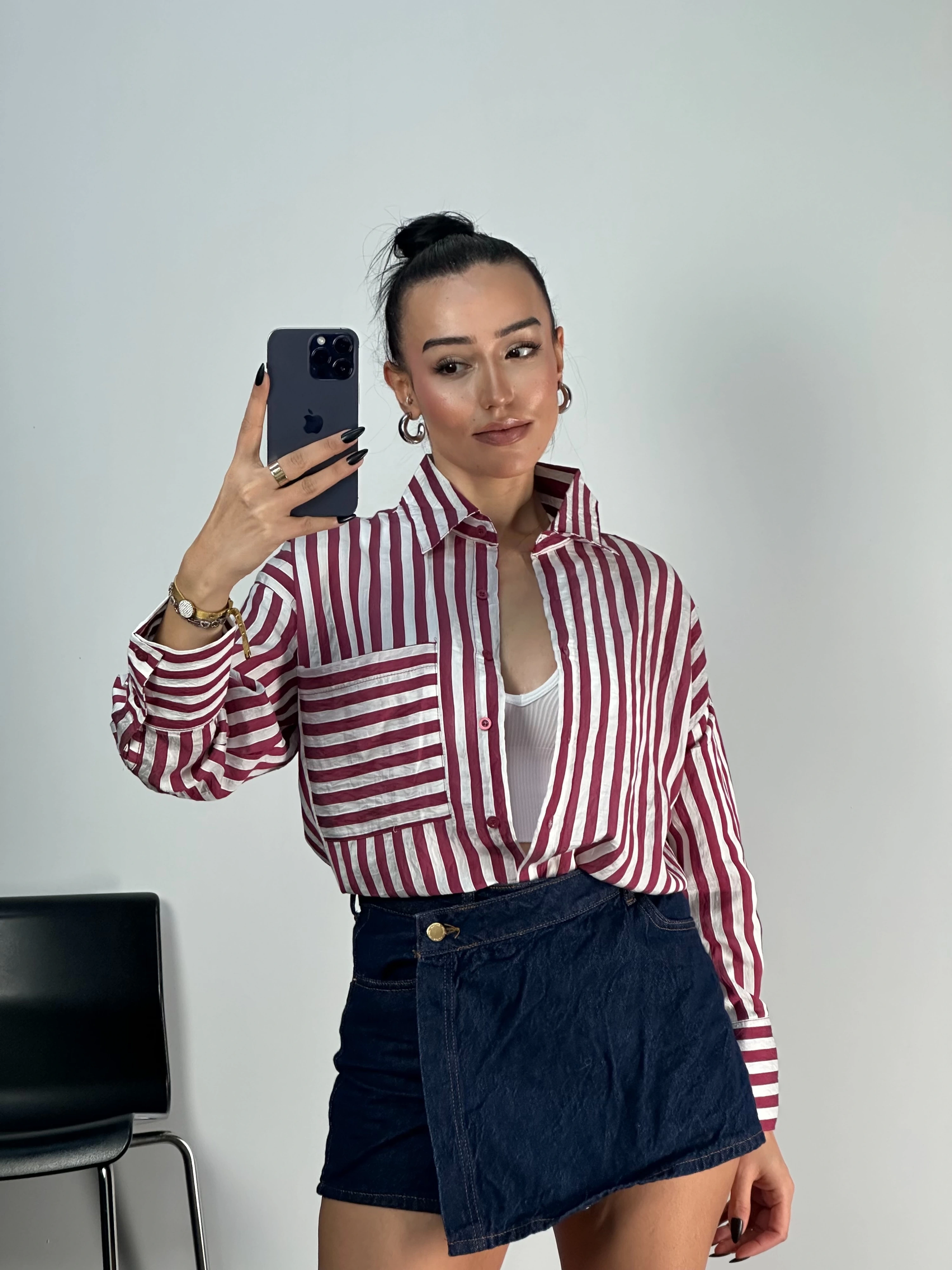 Çizgili Cepli Oversize Gömlek