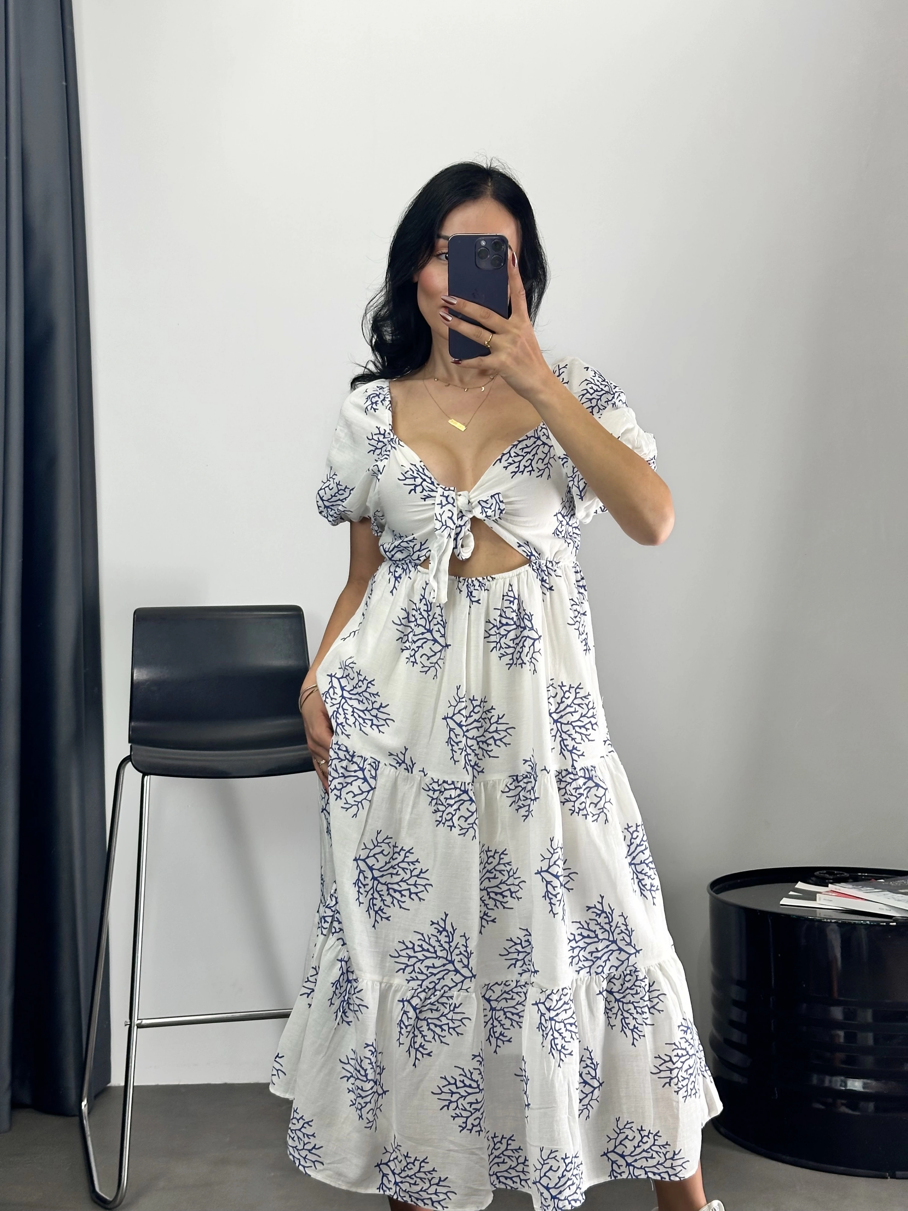 Desenli Dekolte Detay Efil Elbise