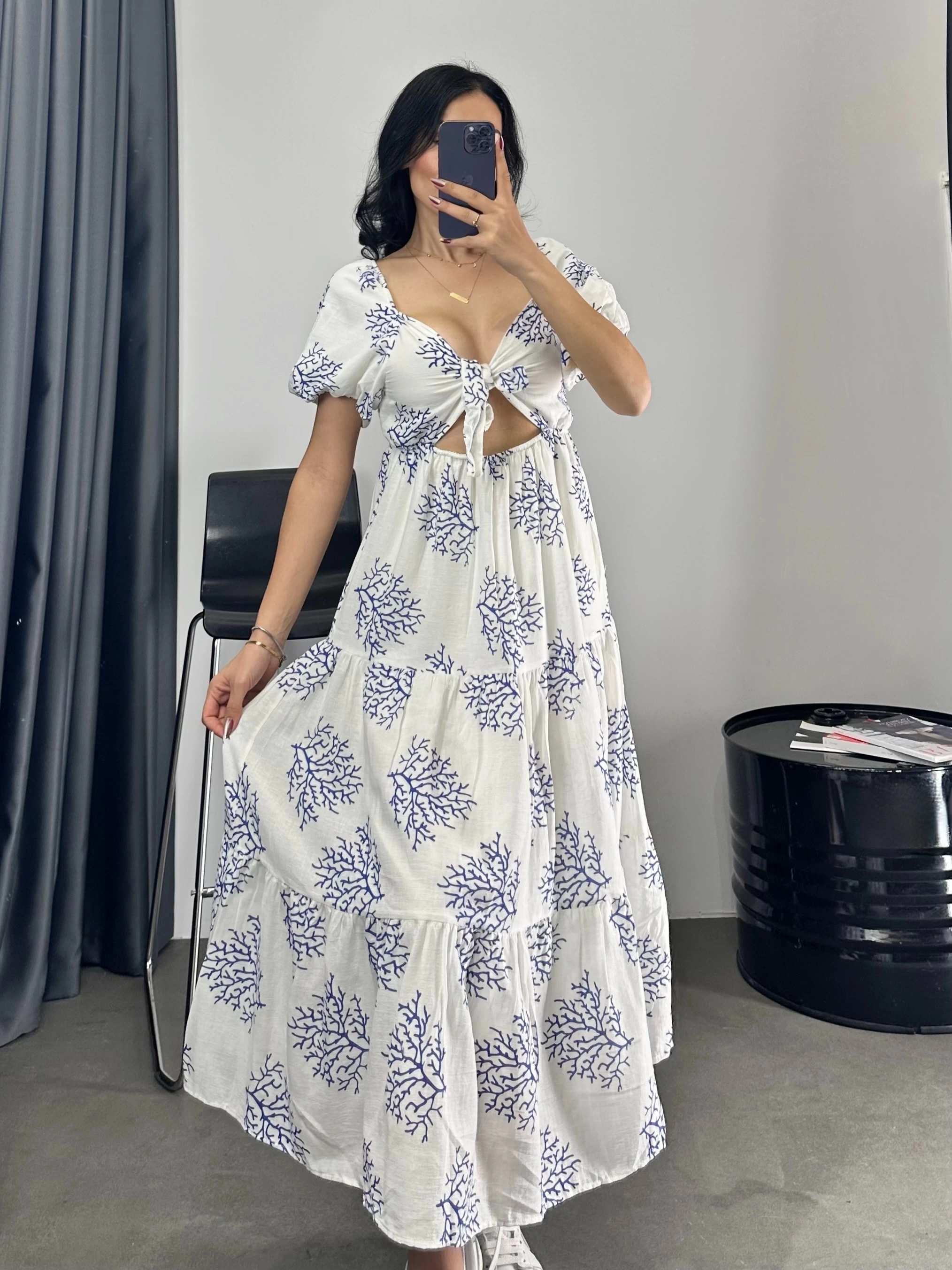 Desenli Dekolte Detay Efil Elbise