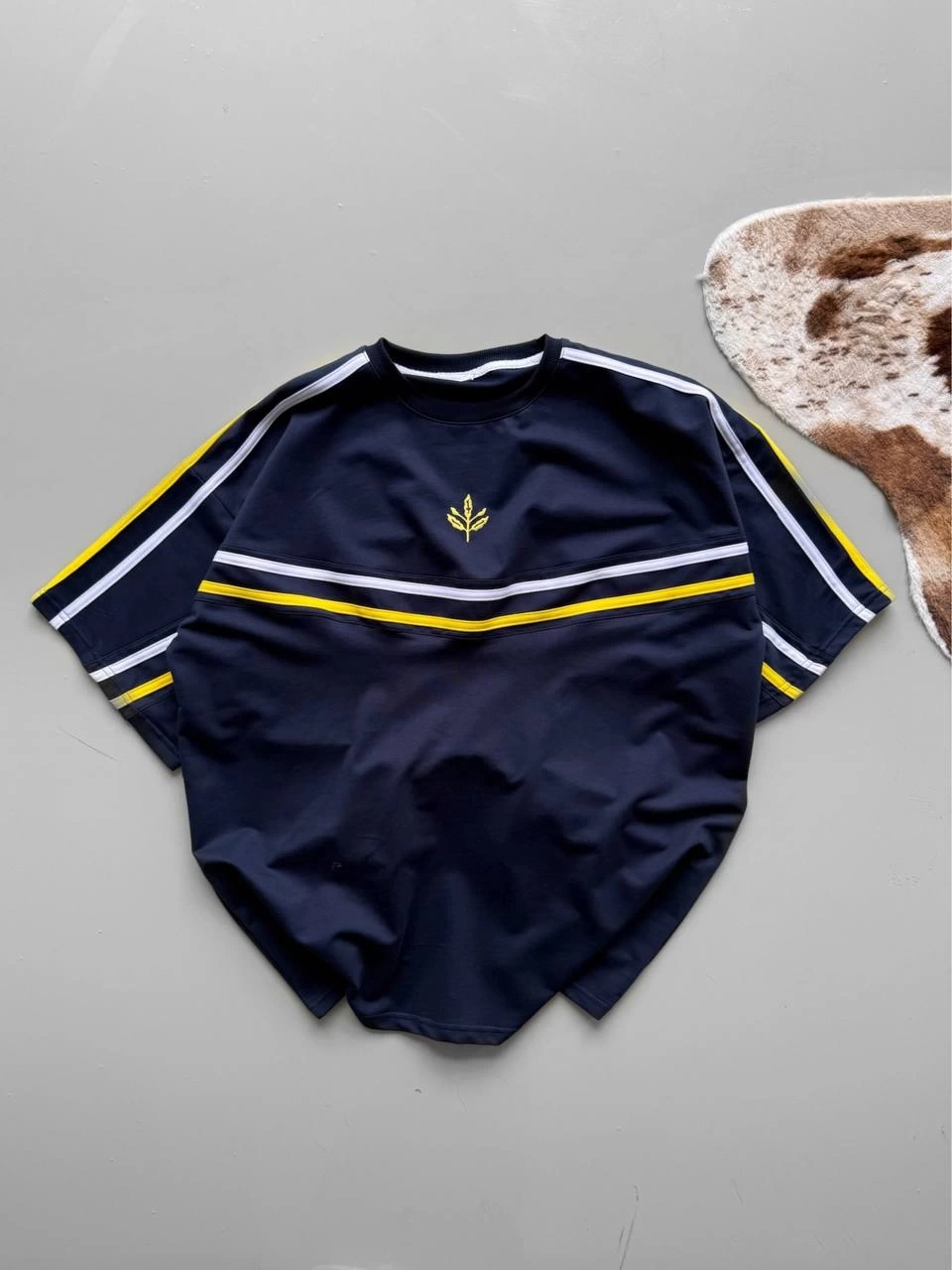 Desenli Şeritli Unisex Tshirt - Lacivert