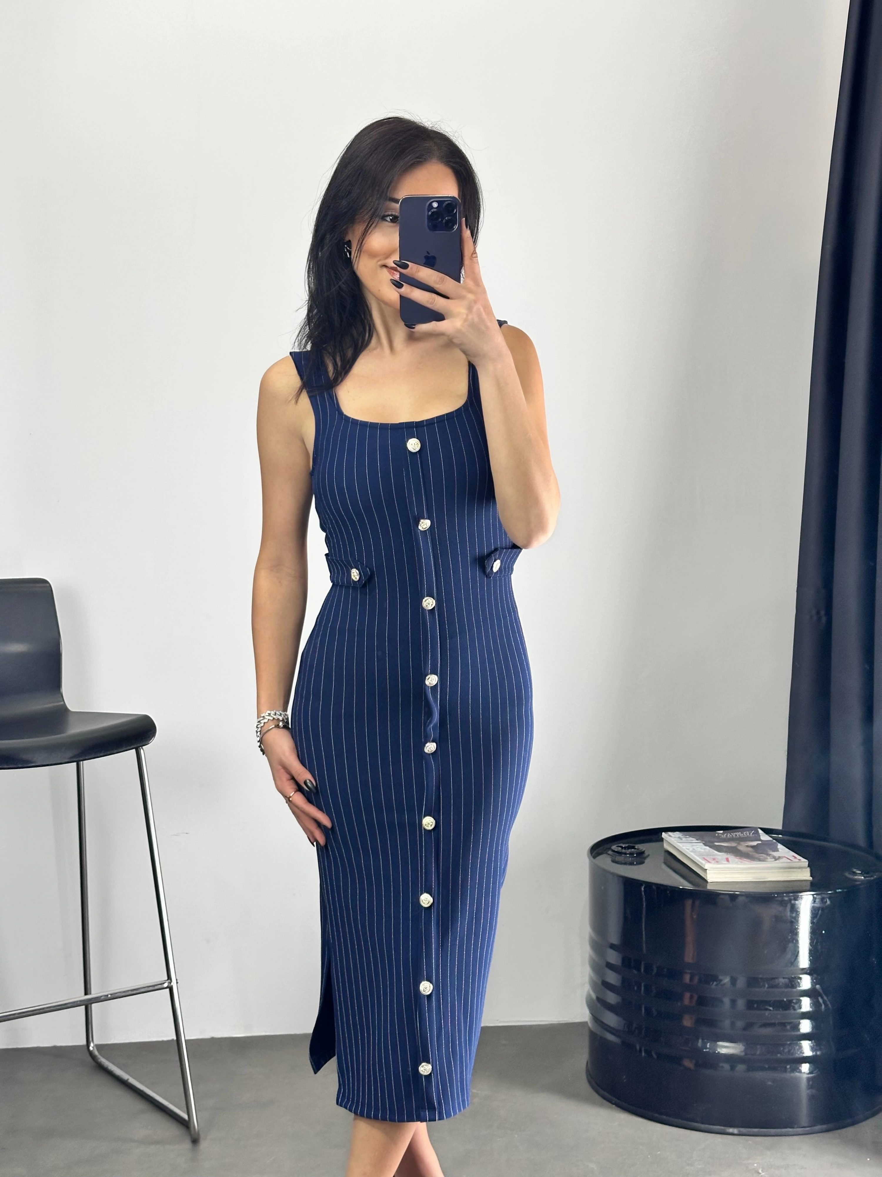 Düğme Detaylı Çizgili Kalem Elbise