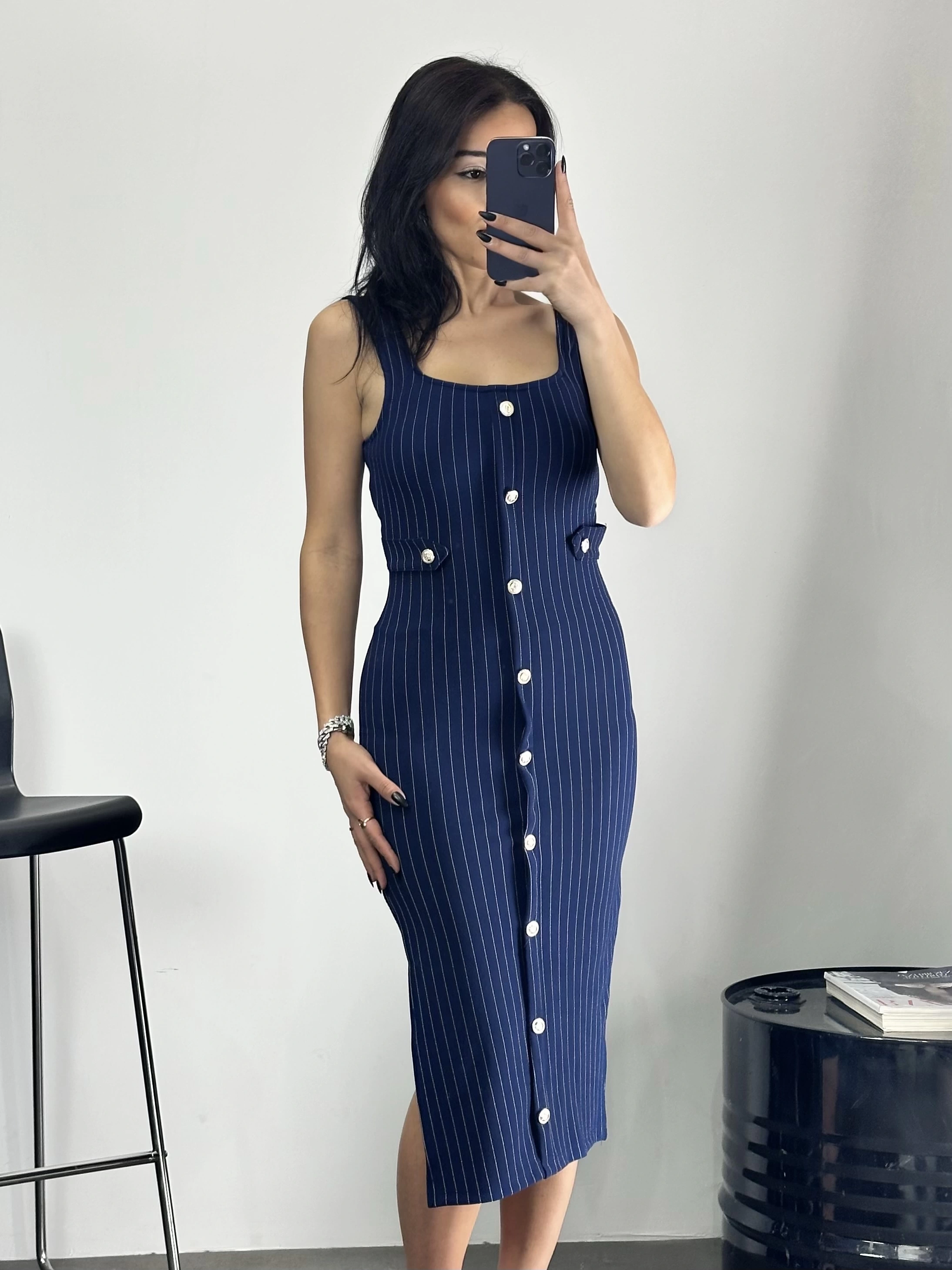 Düğme Detaylı Çizgili Kalem Elbise