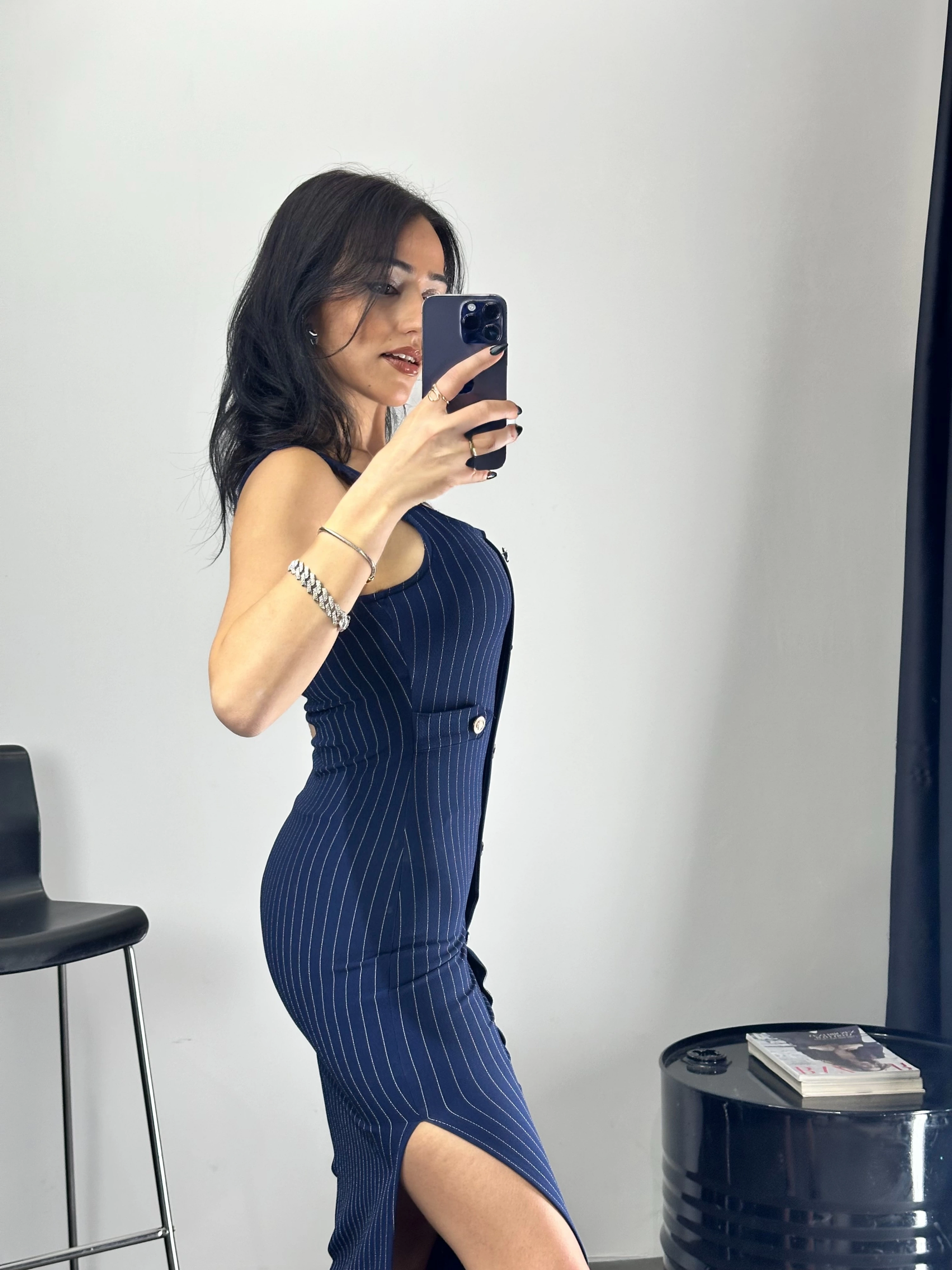 Düğme Detaylı Çizgili Kalem Elbise