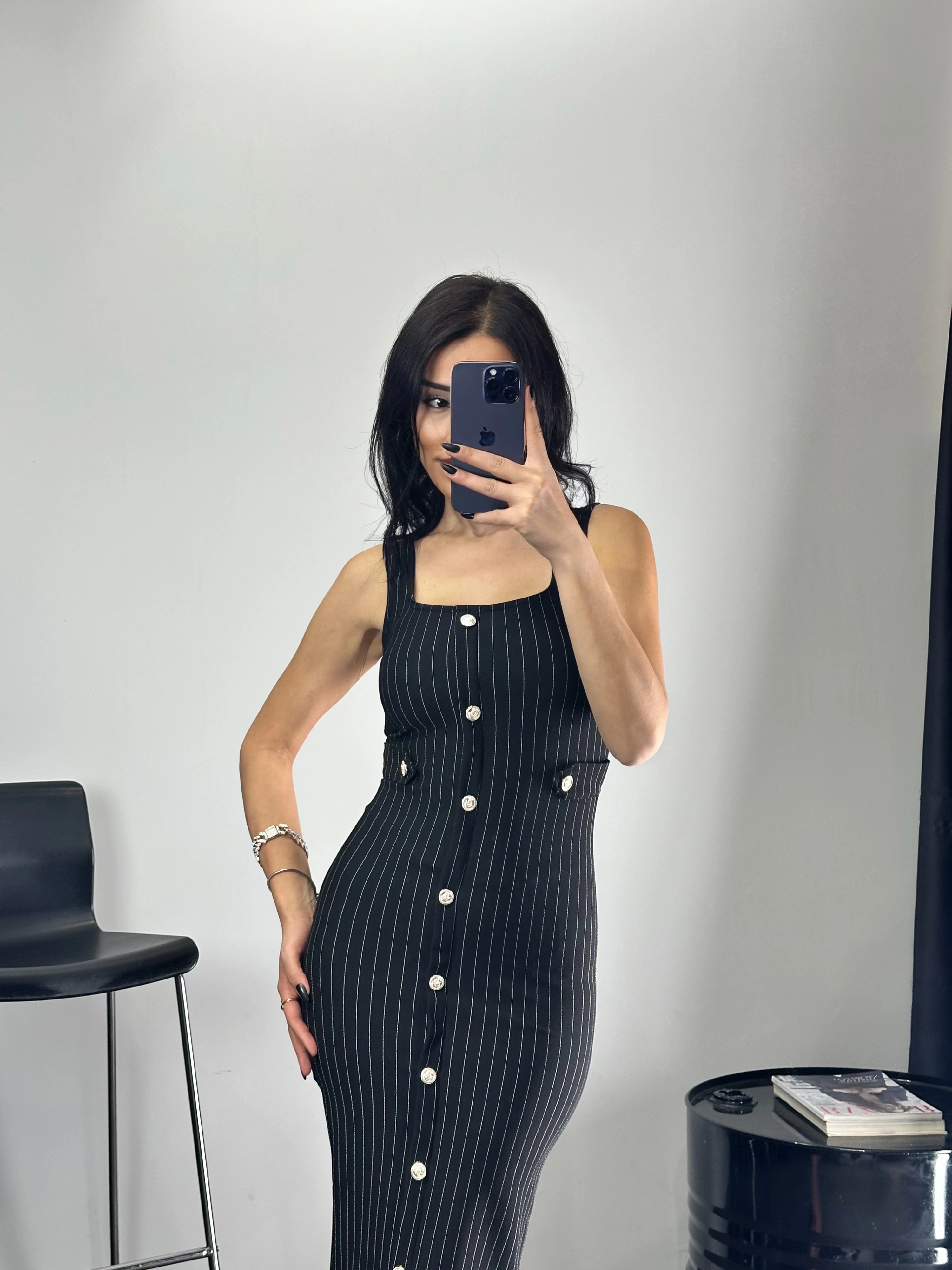 Düğme Detaylı Çizgili Kalem Elbise