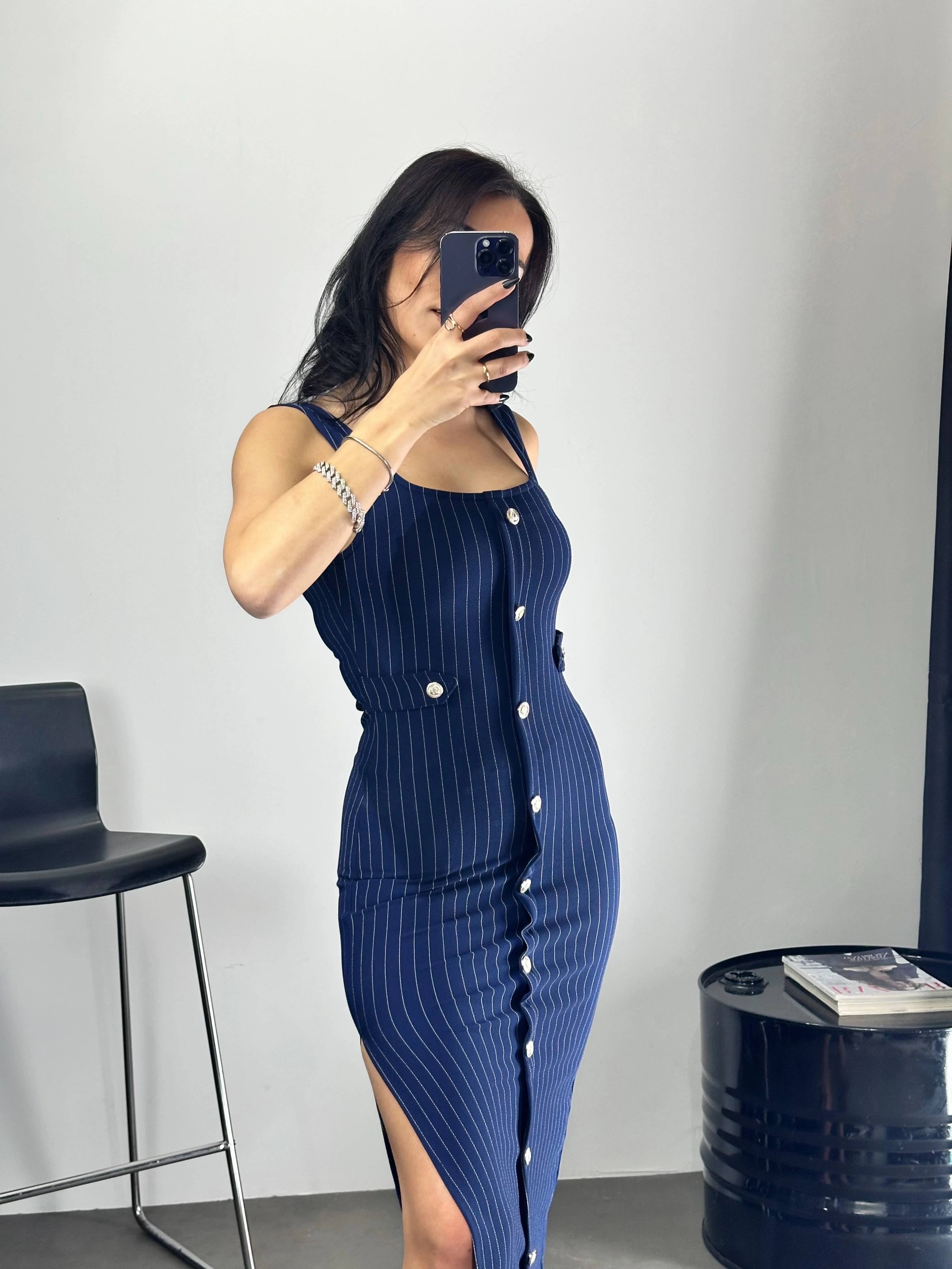 Düğme Detaylı Çizgili Kalem Elbise