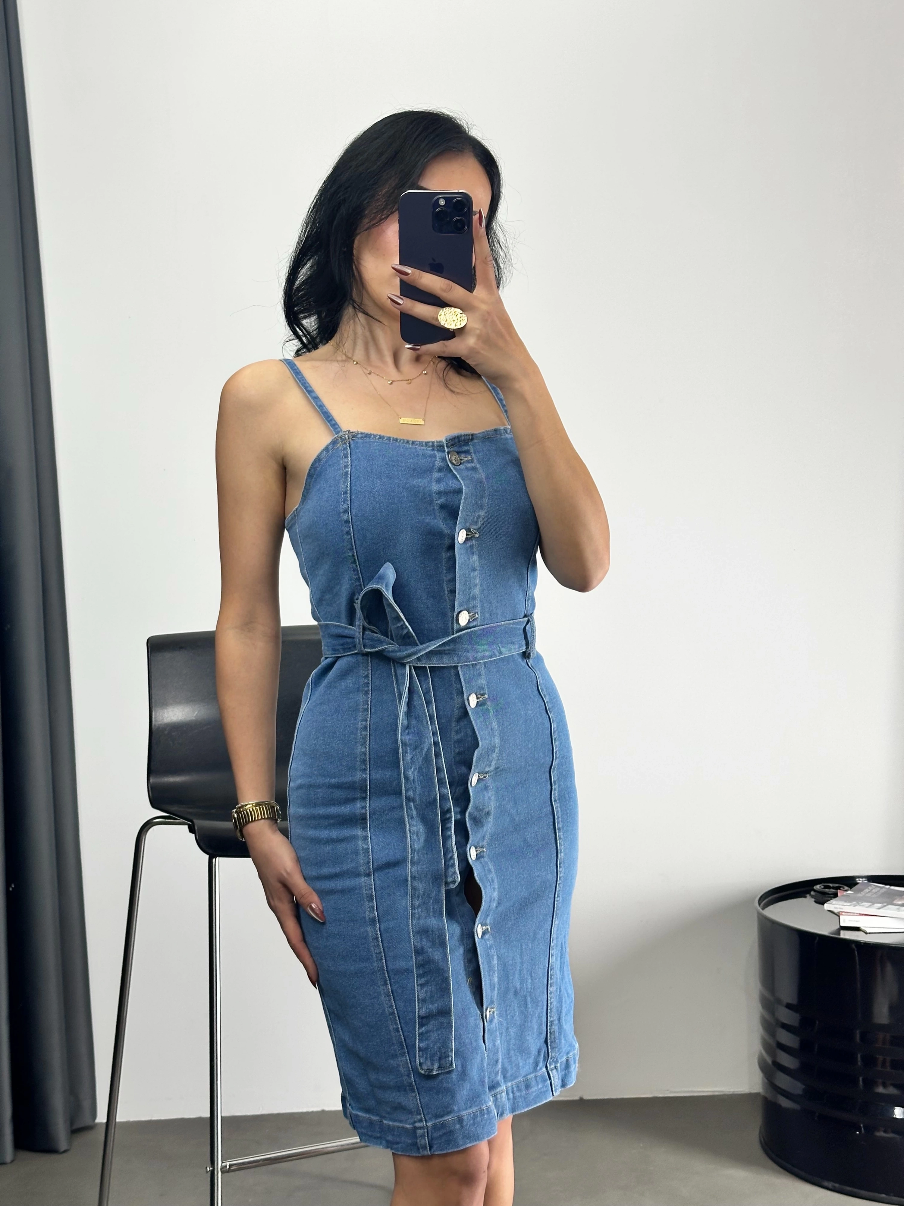 Düğmeli Kemerli Kot Elbise